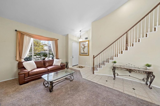 1396 Carneros Valley St, Chula Vista, CA 91913 - carpeted living room with stairs, baseboards, tile patterned flooring, and lofted ceiling