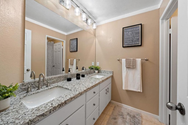 1396 Carneros Valley St, Chula Vista, CA 91913 - bathroom featuring tile patterned flooring, double vanity, ornamental molding, and baseboards
