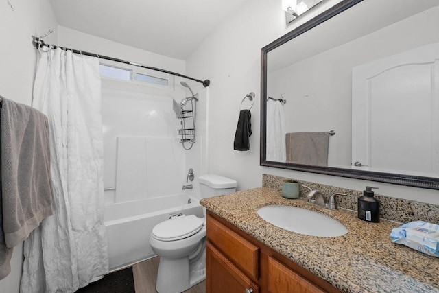 bathroom featuring toilet, shower / bathtub combination with curtain, vanity, and wood finished floors