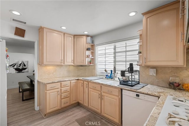 22041 Kinzie St, Chatsworth, CA 91311 - kitchen with dishwasher, open shelves, light brown cabinetry, light wood-type flooring, and recessed lighting