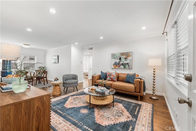 3614 Kalsman Dr Unit 1, Los Angeles, CA 90016 - living room featuring recessed lighting, baseboards, crown molding, and wood finished floors