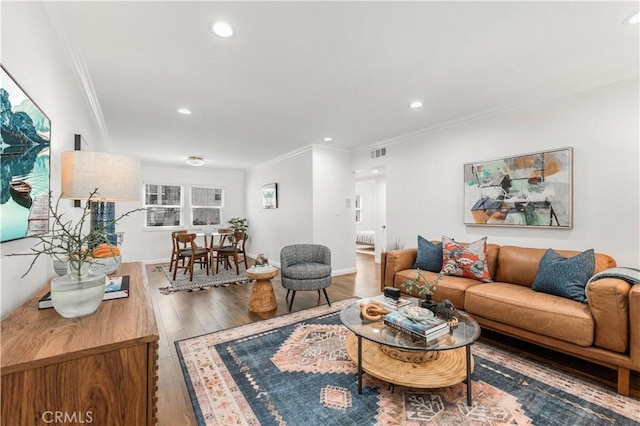 3614 Kalsman Dr Unit 1, Los Angeles, CA 90016 - living area with crown molding, wood finished floors, visible vents, and recessed lighting