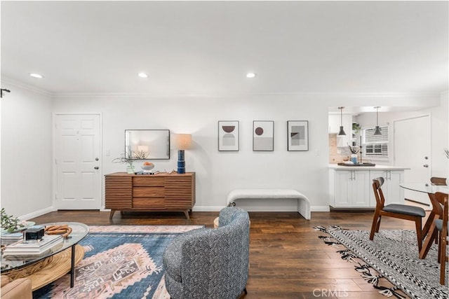 3614 Kalsman Dr Unit 1, Los Angeles, CA 90016 - living room featuring ornamental molding, baseboards, recessed lighting, and dark wood-style floors