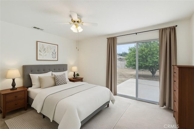 bedroom featuring visible vents, a ceiling fan, access to exterior, and light carpet
