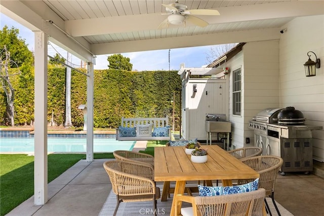 2895 Lorain Rd, San Marino, CA 91108 - view of patio / terrace with ceiling fan, an outdoor pool, a sink, and outdoor dining space