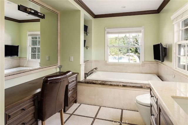 2895 Lorain Rd, San Marino, CA 91108 - bathroom featuring crown molding, tile patterned flooring, vanity, toilet, and a garden tub
