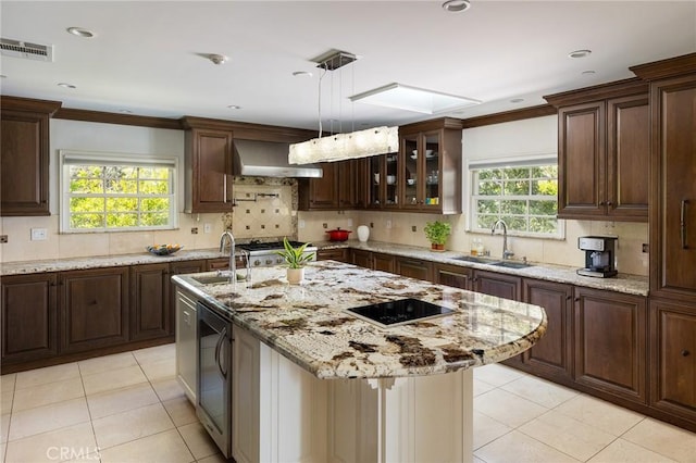 2895 Lorain Rd, San Marino, CA 91108 - kitchen with beverage cooler, a sink, light tile patterned floors, and range hood
