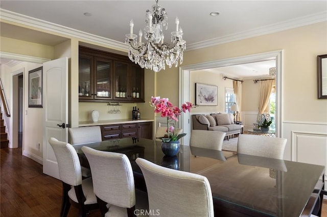 2895 Lorain Rd, San Marino, CA 91108 - dining room featuring crown molding, a notable chandelier, stairway, and dark wood-type flooring