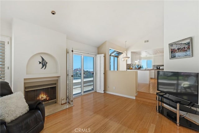 10 Cavalier, Laguna Niguel, CA 92677 - living area with light wood-style floors, lofted ceiling, and a glass covered fireplace
