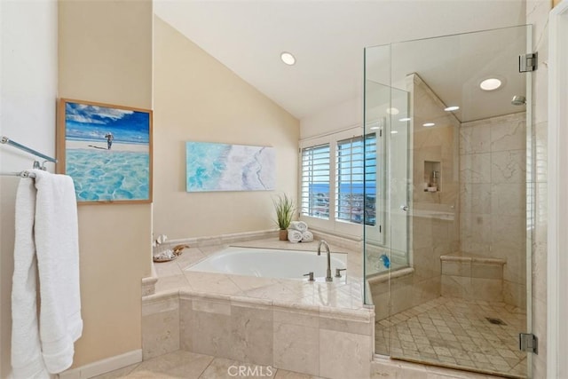 full bath featuring a bath, tile patterned flooring, vaulted ceiling, a stall shower, and recessed lighting