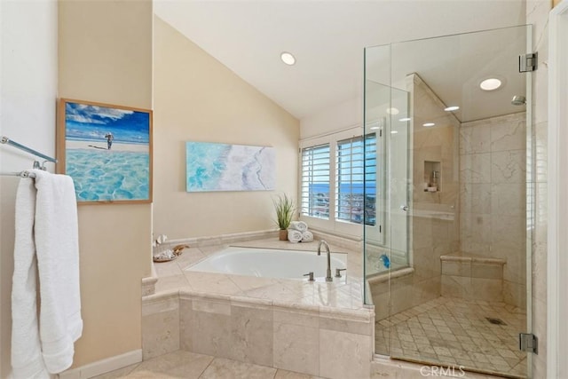 10 Cavalier, Laguna Niguel, CA 92677 - bathroom with a bath, a stall shower, lofted ceiling, tile patterned flooring, and recessed lighting