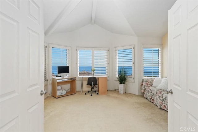 office area featuring lofted ceiling with beams and carpet flooring