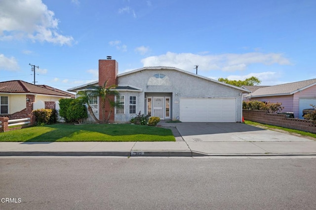 342 Colgate St, Santa Paula, CA 93060 - ranch-style house featuring stucco siding, a chimney, driveway, an attached garage, and a front lawn