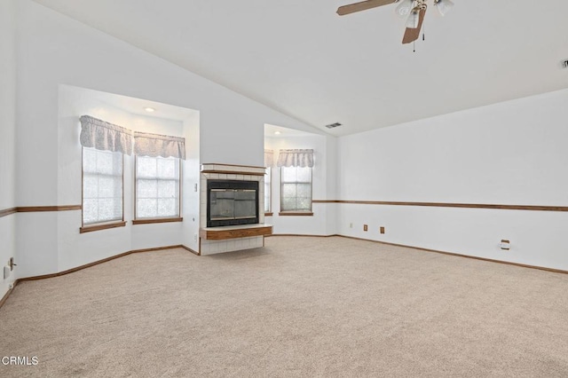 342 Colgate St, Santa Paula, CA 93060 - unfurnished living room with a fireplace, a ceiling fan, visible vents, vaulted ceiling, and carpet floors