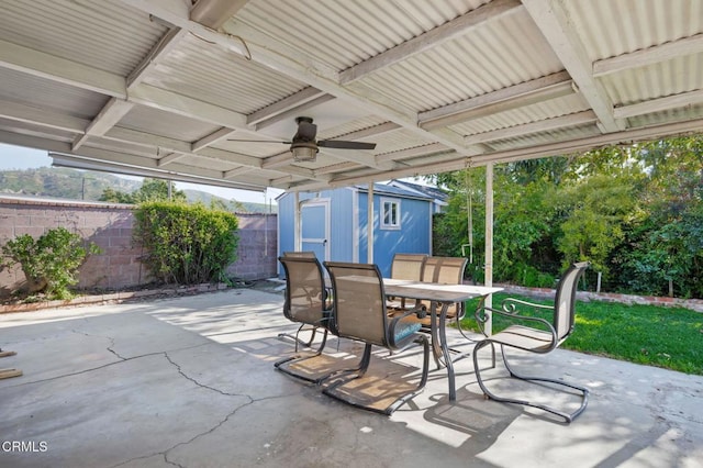 342 Colgate St, Santa Paula, CA 93060 - view of patio / terrace with outdoor dining space, an outdoor structure, ceiling fan, and fence