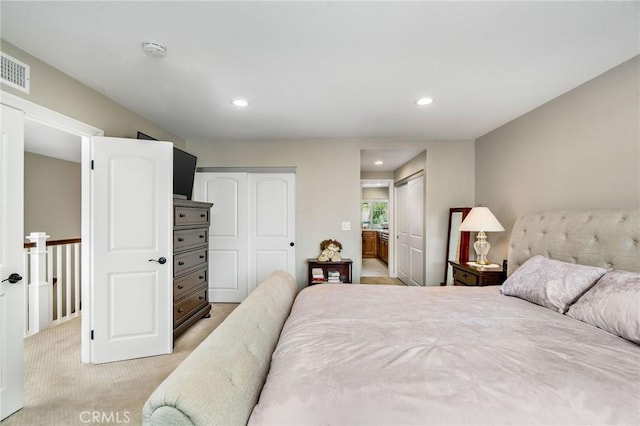 17851 Nearbank Dr, Rowland Heights, CA 91748 - bedroom featuring light carpet, visible vents, recessed lighting, and connected bathroom