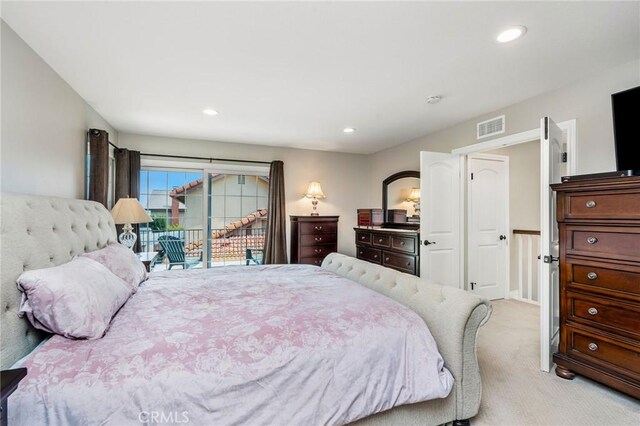 17851 Nearbank Dr, Rowland Heights, CA 91748 - bedroom featuring light carpet, visible vents, recessed lighting, and access to outside