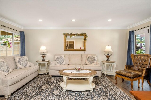 17851 Nearbank Dr, Rowland Heights, CA 91748 - living room featuring wood finished floors, a wealth of natural light, recessed lighting, and crown molding