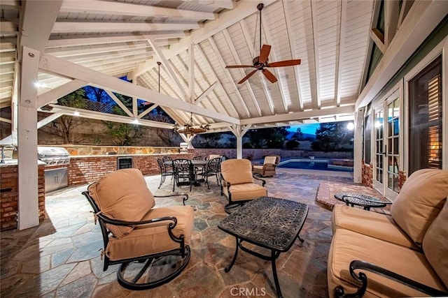 view of patio with ceiling fan, a gazebo, area for grilling, outdoor dining space, and french doors