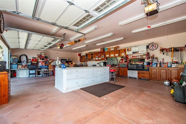 garage featuring a garage door opener and a workshop area