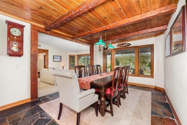 dining space with wood ceiling, baseboards, beam ceiling, and stone tile flooring