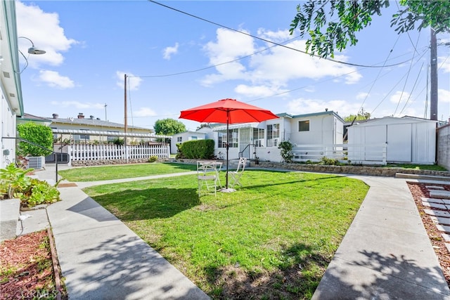 view of yard with an outdoor structure, fence, and a shed