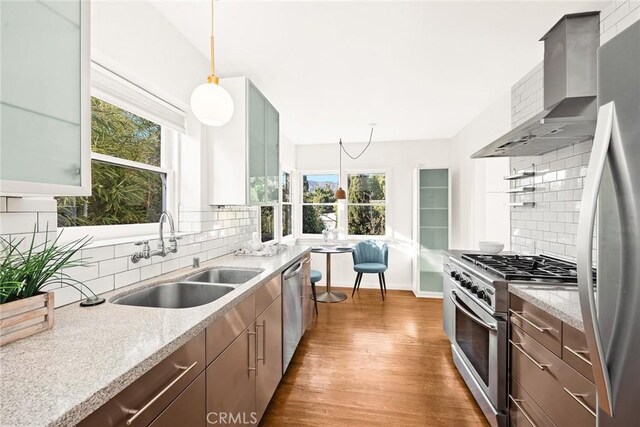 kitchen with wall chimney exhaust hood, a sink, appliances with stainless steel finishes, wood finished floors, and backsplash
