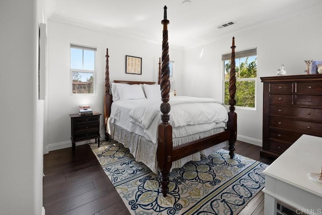 3477 Filoli Cir, Carlsbad, CA 92009 - bedroom featuring multiple windows, dark wood-style flooring, baseboards, and ornamental molding