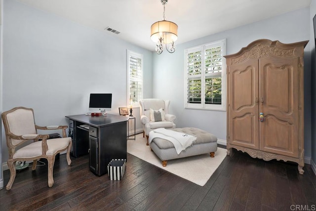 3477 Filoli Cir, Carlsbad, CA 92009 - home office with dark wood-style floors, baseboards, and a chandelier