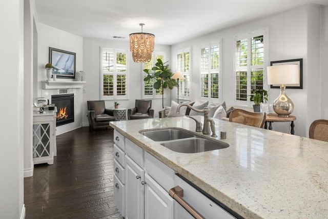 3477 Filoli Cir, Carlsbad, CA 92009 - kitchen featuring a sink, open floor plan, light stone counters, a glass covered fireplace, and dark wood-style flooring