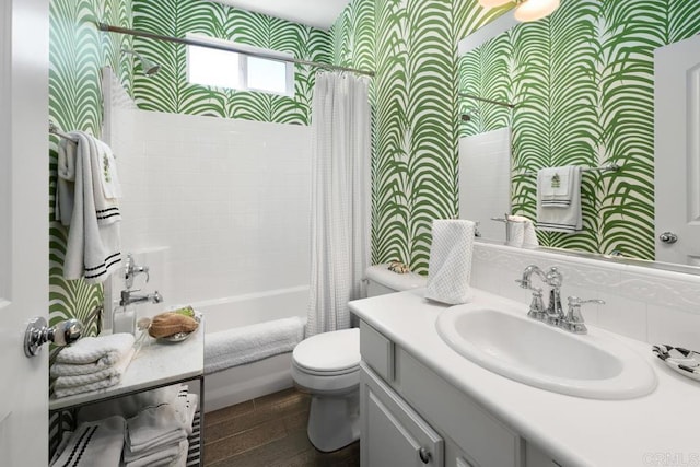 3477 Filoli Cir, Carlsbad, CA 92009 - full bathroom with toilet, vanity, shower / bath combo, wood finished floors, and wallpapered walls