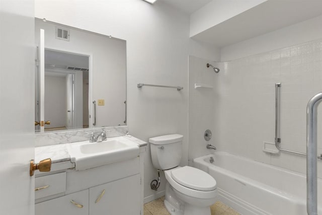 bathroom with vanity, visible vents, toilet, and shower / washtub combination