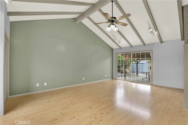 8731 Bel Air St, Buena Park, CA 90620 - empty room featuring wood finished floors, ceiling fan, beam ceiling, and high vaulted ceiling