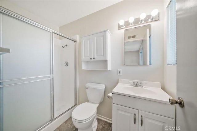 full bath with toilet, a stall shower, vanity, and visible vents