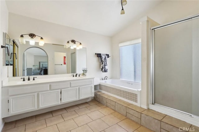 40540 Windsor Rd, Temecula, CA 92591 - full bath with a bath, tile patterned flooring, a shower stall, double vanity, and lofted ceiling