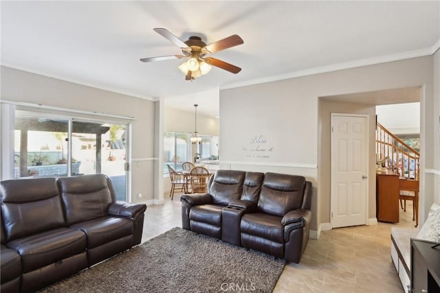 40540 Windsor Rd, Temecula, CA 92591 - living area with a ceiling fan, ornamental molding, stairs, baseboards, and light tile patterned floors