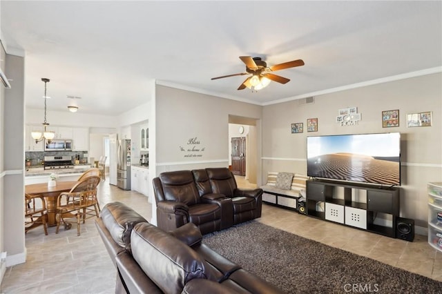 40540 Windsor Rd, Temecula, CA 92591 - living area featuring ceiling fan, a chandelier, crown molding, and light tile patterned floors