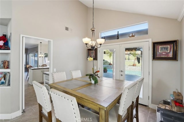 40540 Windsor Rd, Temecula, CA 92591 - dining space with a chandelier, french doors, healthy amount of natural light, and high vaulted ceiling