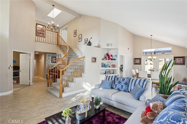 40540 Windsor Rd, Temecula, CA 92591 - living area with a chandelier, high vaulted ceiling, stairway, and baseboards