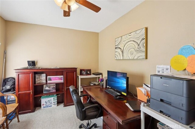 home office featuring ceiling fan and light colored carpet