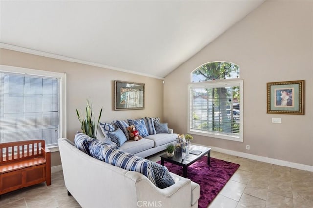 40540 Windsor Rd, Temecula, CA 92591 - living area with baseboards, ornamental molding, light tile patterned floors, and high vaulted ceiling