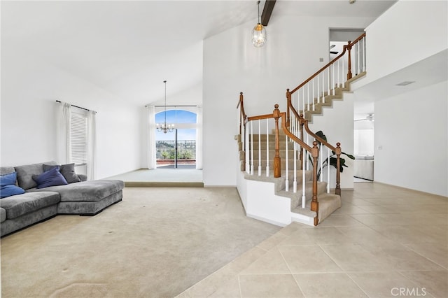 17328 Cold Spring Cir, Riverside, CA 92503 - carpeted living area with a chandelier, stairs, high vaulted ceiling, tile patterned flooring, and beamed ceiling