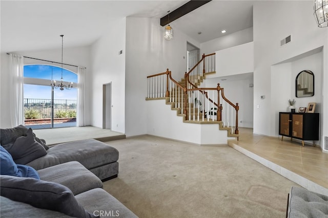 17328 Cold Spring Cir, Riverside, CA 92503 - living area with high vaulted ceiling, a chandelier, carpet floors, stairway, and beam ceiling