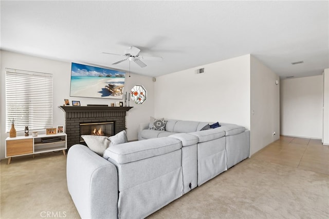 17328 Cold Spring Cir, Riverside, CA 92503 - living area featuring ceiling fan, a brick fireplace, and light carpet