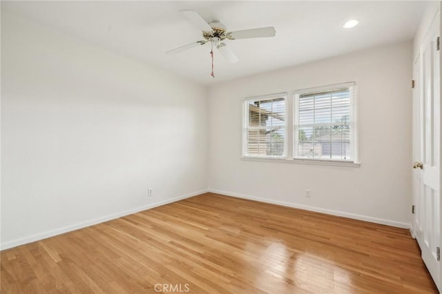 unfurnished bedroom with recessed lighting, baseboards, ceiling fan, and light wood-style flooring