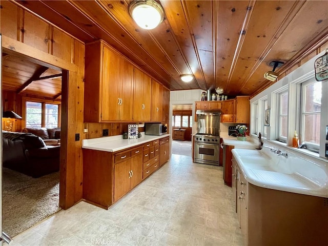 39121 Lake Dr, Bass Lake, CA 93604 - kitchen with stainless steel appliances, lofted ceiling, brown cabinetry, light countertops, and wooden walls