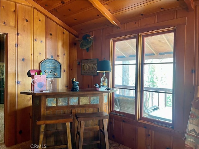 39121 Lake Dr, Bass Lake, CA 93604 - indoor dry bar featuring a wooden ceiling with exposed beams and wood walls