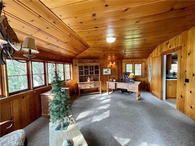 39121 Lake Dr, Bass Lake, CA 93604 - office space featuring vaulted ceiling, wooden walls, wood ceiling, and carpet flooring