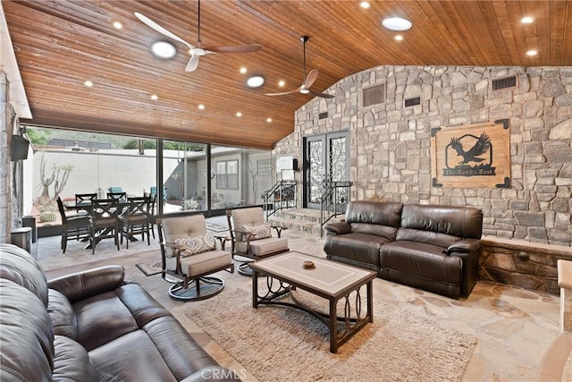 living room with recessed lighting, wooden ceiling, a ceiling fan, visible vents, and lofted ceiling