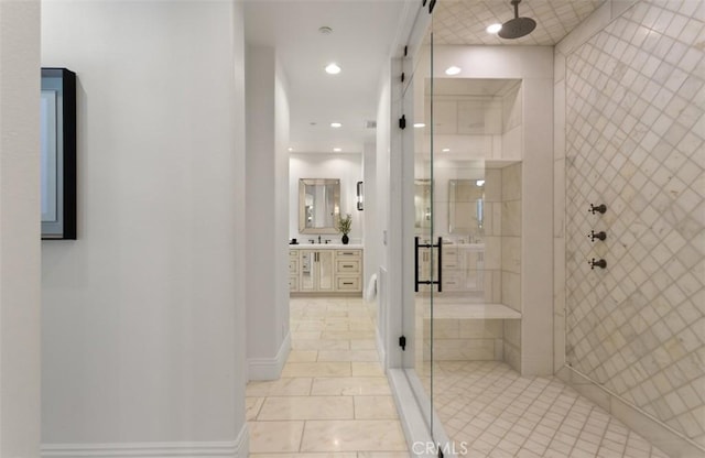 21 Observatory, Newport Coast, CA 92657 - full bathroom featuring a shower stall, vanity, tile patterned floors, and recessed lighting